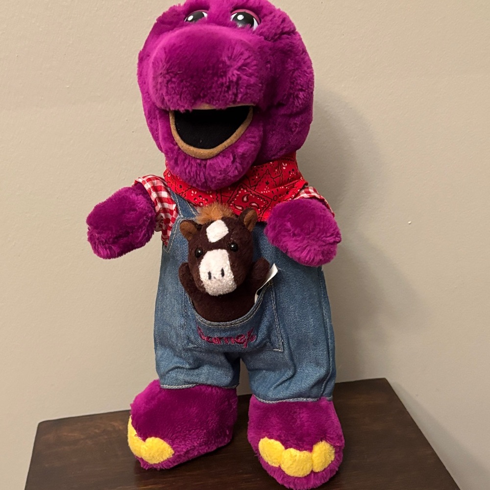 Vintage Barney The Dinosaur in Farmer Overalls 12” Plush Stuffed Toy EUC!